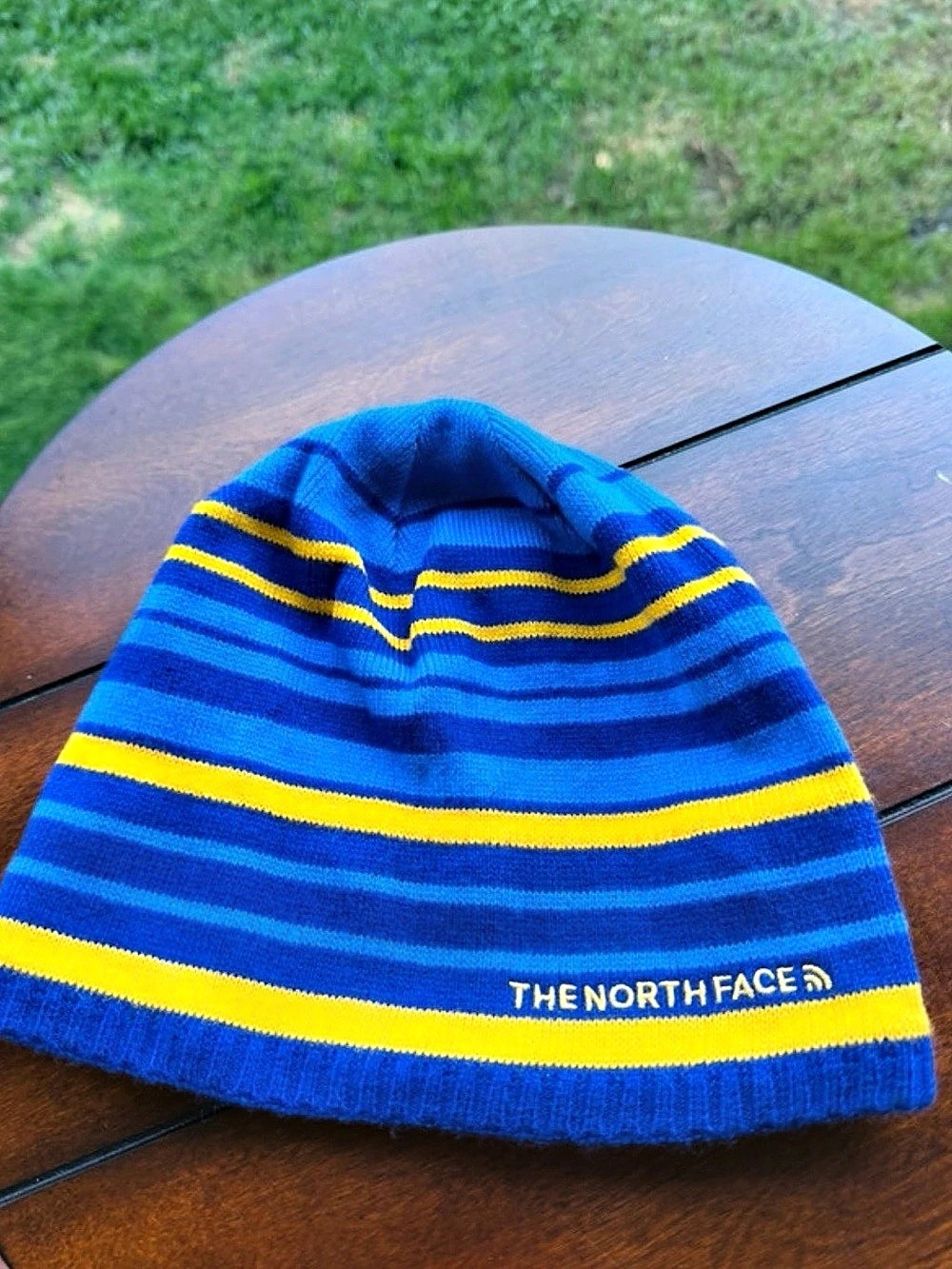 The North Face Striped Beanie in Blue & Yellow Like New